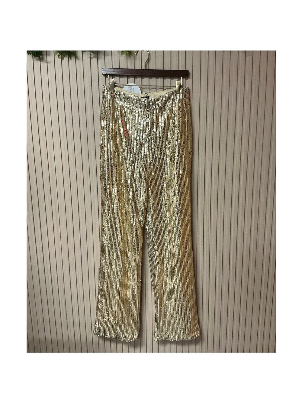 Boohoo High Waisted Sequin Wide Leg Pants Gold Women's Size US